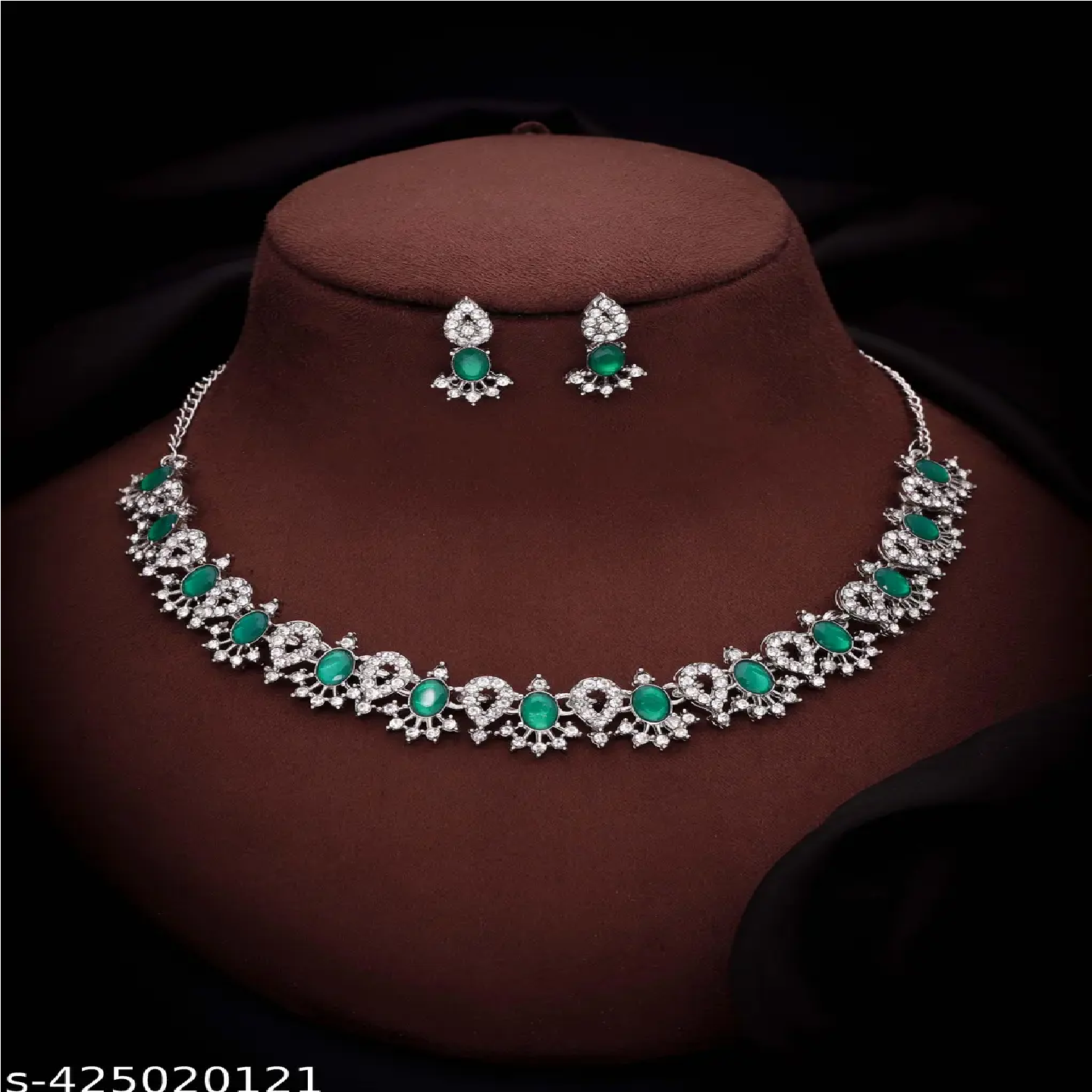 Green Silver American Diamond Necklace Set For Women